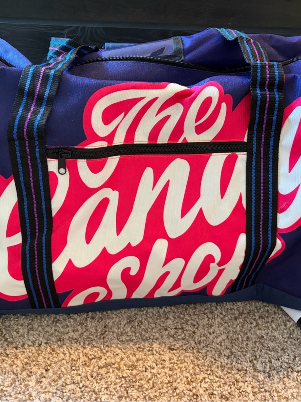 Cake Travel Duffel Bag in Pink and Purple with White Script